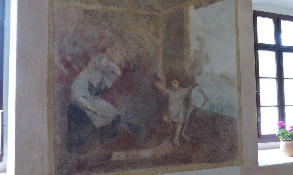 Hospital Kuks. Op deze fresco zie je hoe de dood onder de ogen van 2 vrouwen een kind mee neemt. 