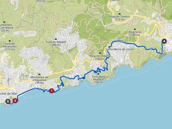 Kaart etappe 11 GR92 van Lloret naar Tossa