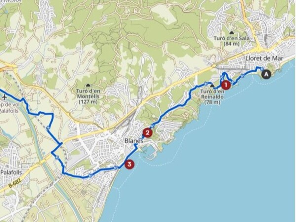 Kaart etappe 12 GR 92 van Lloret naar Blanes