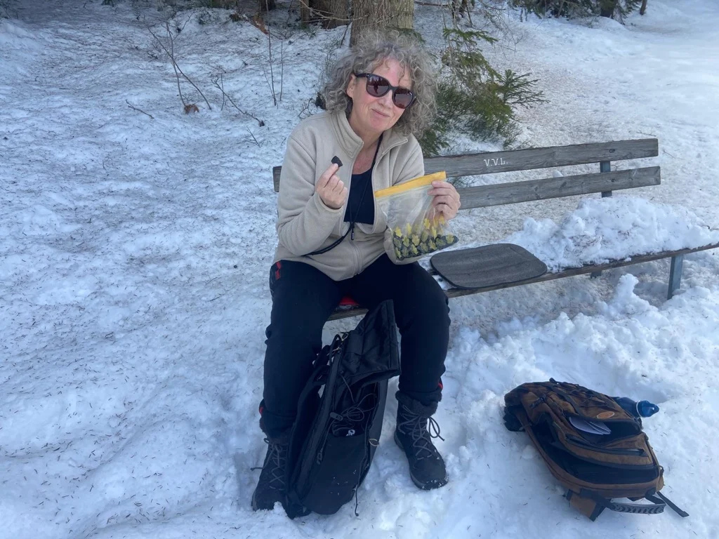 Winterwandelen pauze wandelbankje