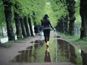 wandelen na regenbui door plassen